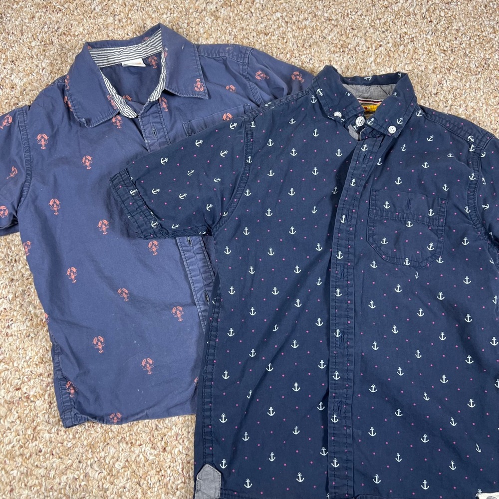 Gymboree Free Planet Boys Navy Nautical Lobster Anchor Button Down Shirt Lot 4T